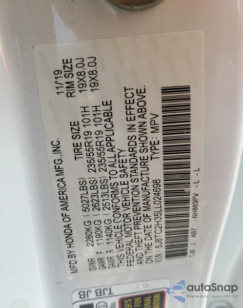 2020 Acura Rdx from USA, damaged, VIN 5J8TC2H35LL024698